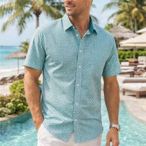 Men's Teal Short-Sleeve Casual Button-Down Shirt